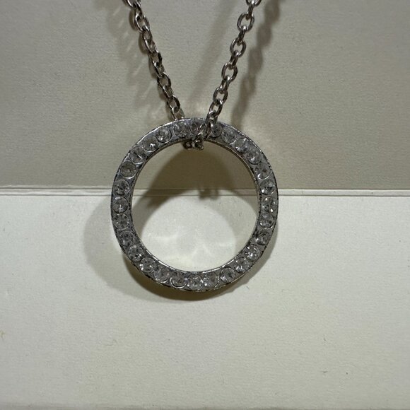 Silver-Tone Circle Pendant Necklace with Crystals – 21" Chain - Picture 2 of 4